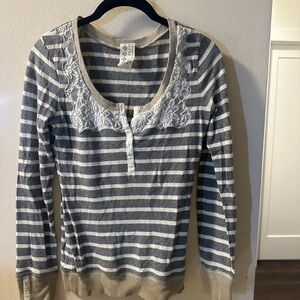 Free People Lace-Trim Striped Henley in Gray & White